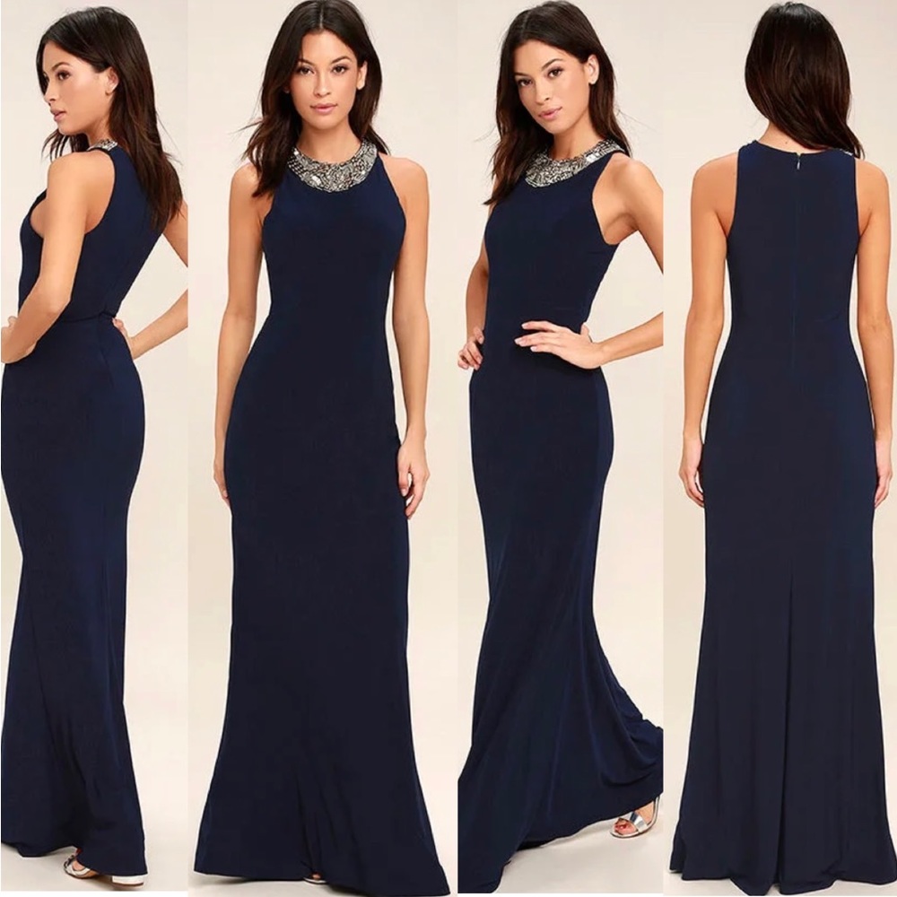 Lulu's Navy Beaded-Neckline Evening Gown